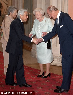 The Queen and Prince Philip greet the Emperor of Japan, Akihito and Empress Michiko during Queen's Diamond Jubilee