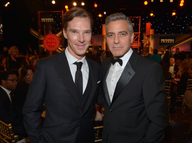 BEVERLY HILLS, CA - NOVEMBER 09: Actor Benedict Cumberbatch (L) and filmmaker George Clooney attend the 2013 BAFTA LA Jaguar Britannia Awards presented by BBC America at The Beverly Hilton Hotel on November 9, 2013 in Beverly Hills, California. (Photo by Michael Buckner/BAFTA LA/Getty Images for BAFTA LA)