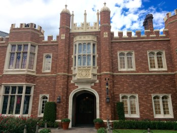 1500s architecture: modeled after Hampton Court Palace (Notice the detail of the flags represented in the windows to the upper left – the Union Jack rests above St. George’s Cross (the flag of England), St. Andrew’s Cross (the flag of Scotland), and St. Patrick’s Cross (the flag of Ireland) – when overlaid, these three flags form the Union Jack flag of the United Kingdom).