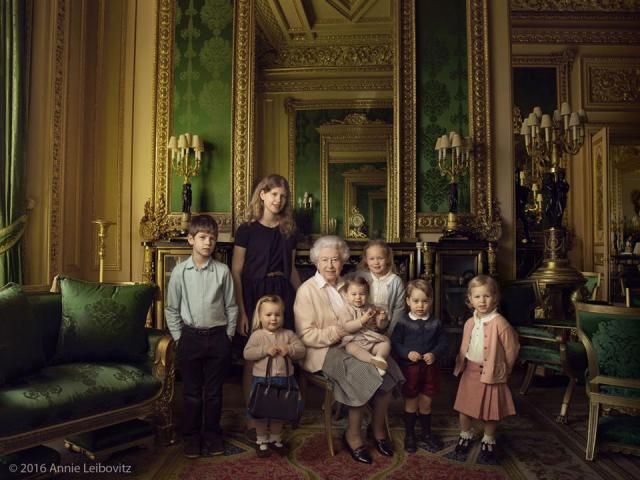 he children are, from bottom left: Mia Tindall (holding The Queen's handbag), the two year old daughter of Zara and Mike Tindall; James, Viscount Severn (aged 8) and Lady Louise (12), the children of The Earl and Countess of Wessex and the youngest of The Queen's eight grandchildren; Savannah (5) and Isla Phillips (3), daughters of The Queen's eldest grandson Peter Phillips and his wife Autumn; Prince George (2) and, in The Queen's arms and in the tradition of Royal portraiture, the youngest great-grandchild, Princess Charlotte (11months), children of The Duke and Duchess of Cambridge.